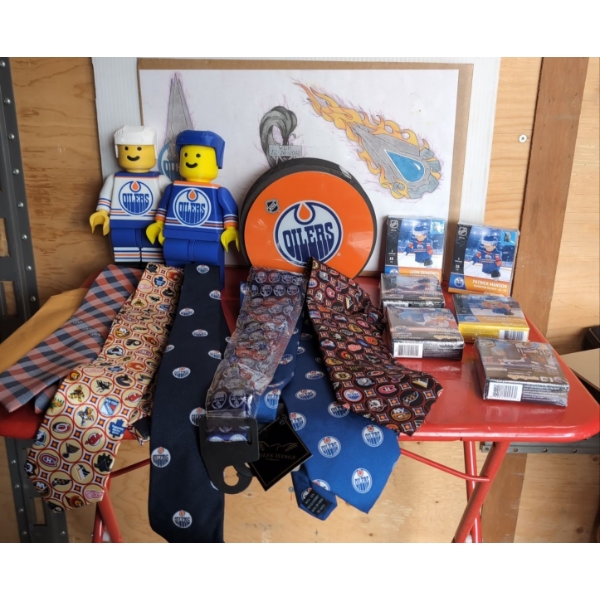 Variety of Oilers Ties and NHL teams, Multiple Legos of Connor, Leon, Taylor Hall, Air Puck and More