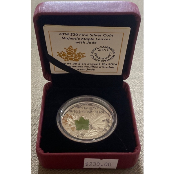 2014 $20 Majestic Maple Leaves with Jade Fine Silver Coin 31.39 Grams
