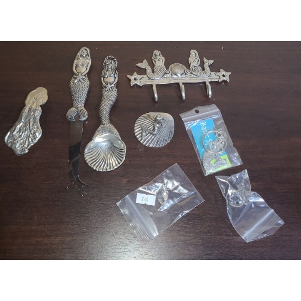 Pewter: Hairclip, Mermaids- Hook: 6 W, 3.5 T, Cheese Knife, Serving Spoon, Keychain, Ring, Pendant