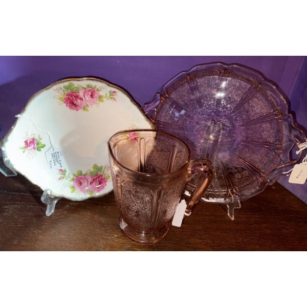 Jeanette Glass Co Pink Depression Glass Cherry Blossom Cake Plate & Matching Jug