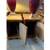 Image 2 : A set of Oak wooden side tables and two retro burgundy lamps