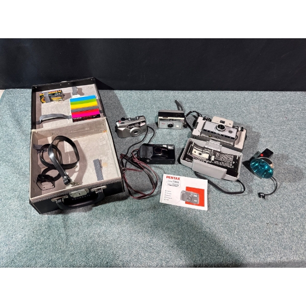 Canon, Pentax, & Polaroid Camera With Flash Attachment 