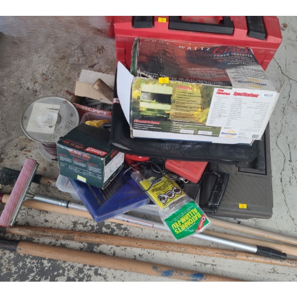 Statpower Portawatt Model 600 Power Inverter, Plastic Toolboxes and Assorted Garage Items as Shown