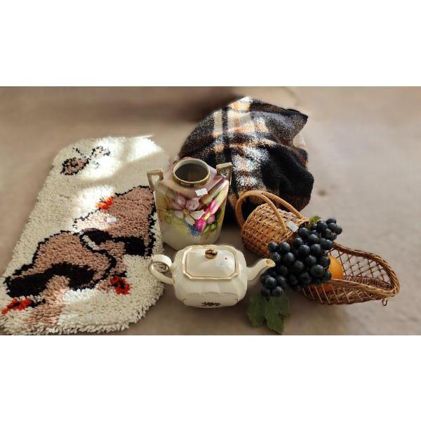 Hook Rug Art 13 x 25.5, Vase w/ Painted Flowers 4.5 W, 4.5 D, 8.5 T, Sadler Teapot, Shawl and More!