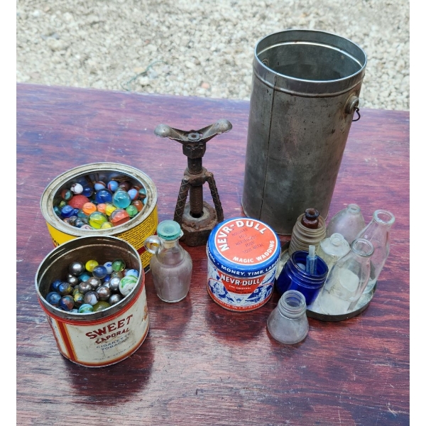 Tins Full of Marbles, Screw Jack, Small Apothecary Bottles (No Lids)