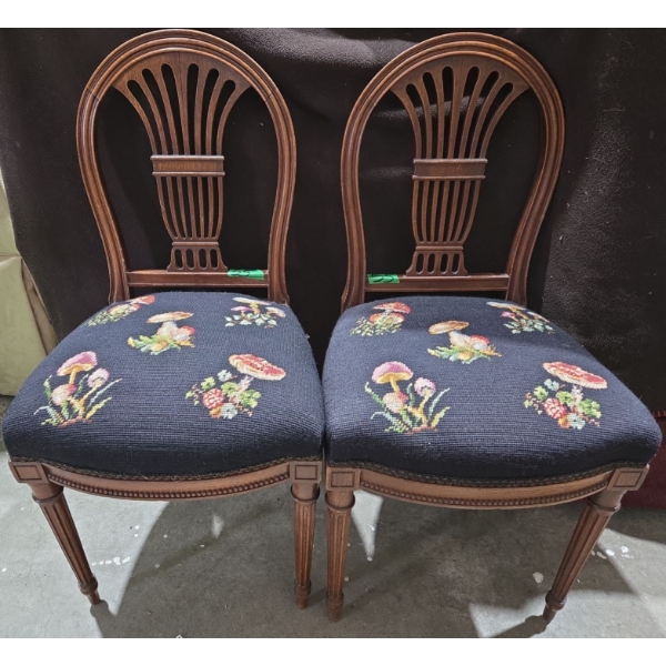 Pair Of Antique Mushroom Hand Embroidered Seat Chairs