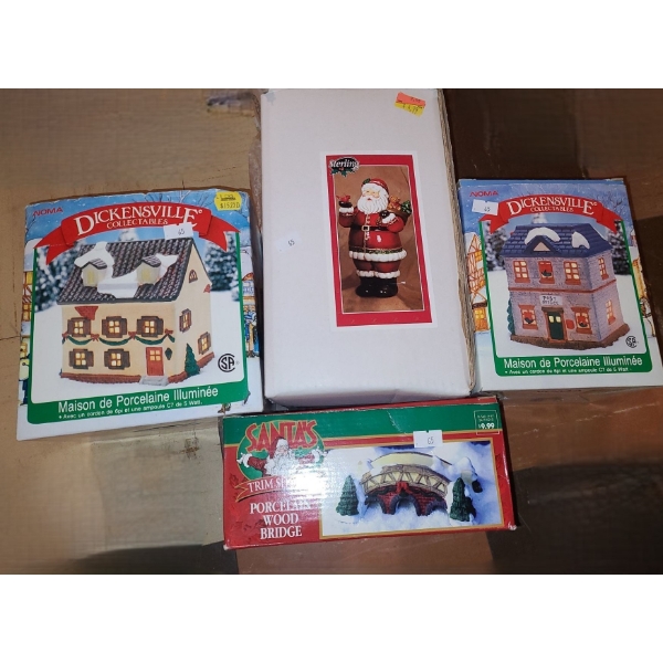 Holiday Decor Including: Two Noma Dickinsville Porcelain Homes; also Santa and Bridge 