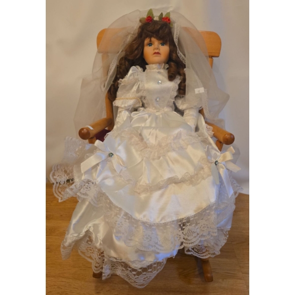 Porcelain Doll in White on a Rocking Chair (Chair Needs TLC) - 26T