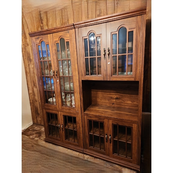 Dark Finish Cabinet with Mirrored Back, Glass Shelves and Bottom Storage Each: 32 W, 15 D, 75 T X 2 