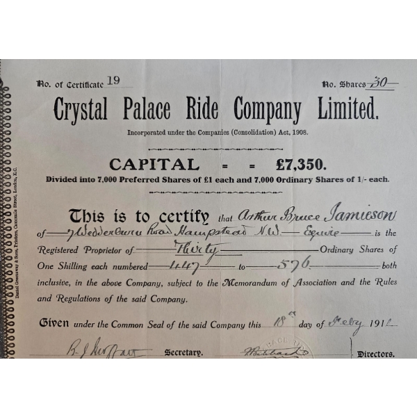 Vintage Share Certificate For The "Crystal Palace Ride Company Limited 1910