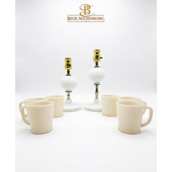 Vintage White Hobnail Milk Glass Table Lamps 10''&12''HEIGHT, Set Of Vintage Ivory Milk Glass Mugs