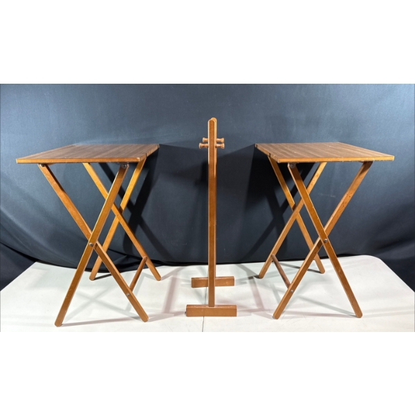 2 Wooden TV Trays and Stand 18Wx14.75Dx24.5H