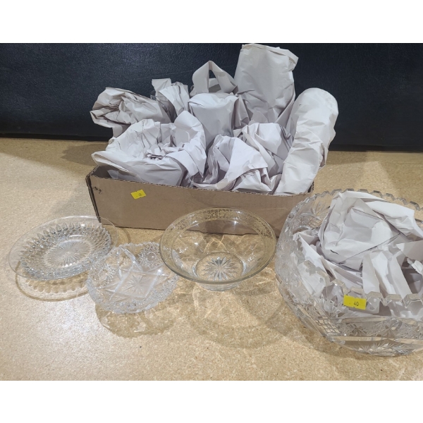 Assorted Glassware Including: Gold Edged Dish 6" Top, Squared Edge Bowl 8 " Top, 9 T and More!