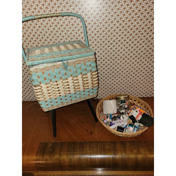 Vintage Stand Up Sewing Tote w/ Contents & Basket Of Assorted Thread