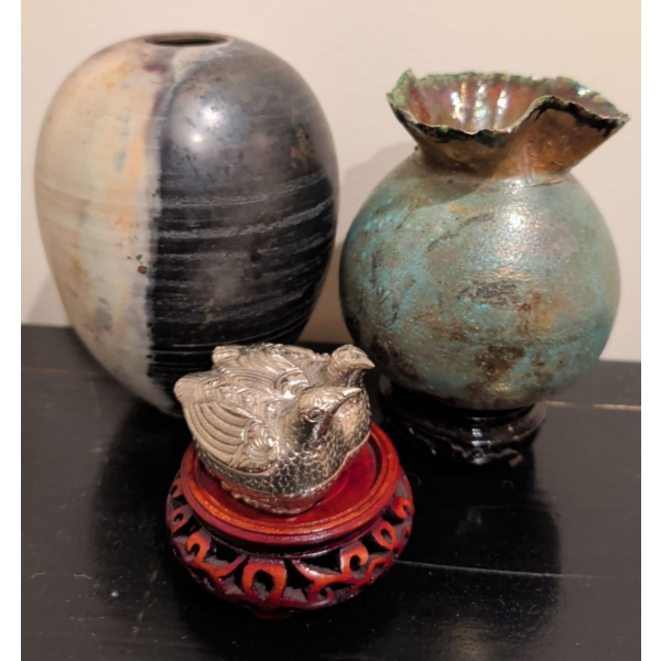 Gorgeous Art Pottery & Stamped Sterling Bird Box 59g - Ash Glaze Raku 