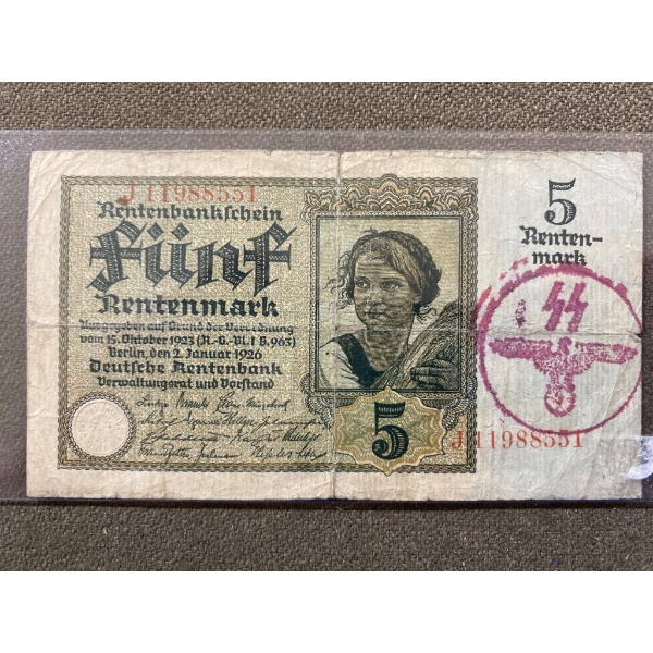 German 5 Rentenmark Banknote with Stamped Symbol