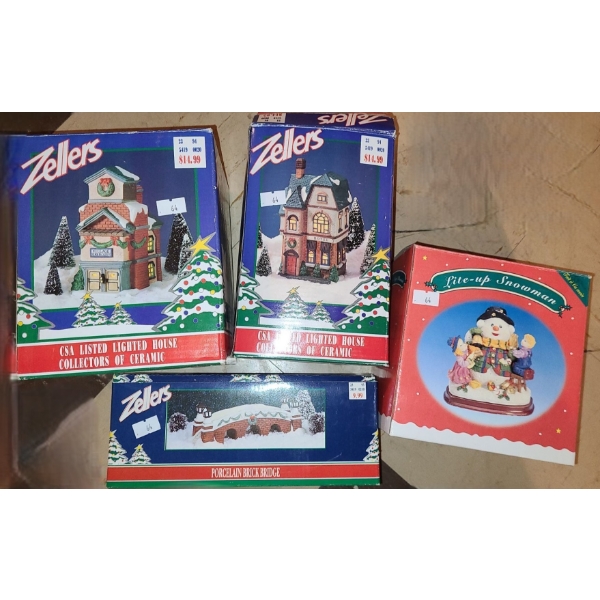 Holiday Decor by Zellers: 2 X Ceramic Lighted Houses and Porcelain Bridge; also Lite-Up Snowman