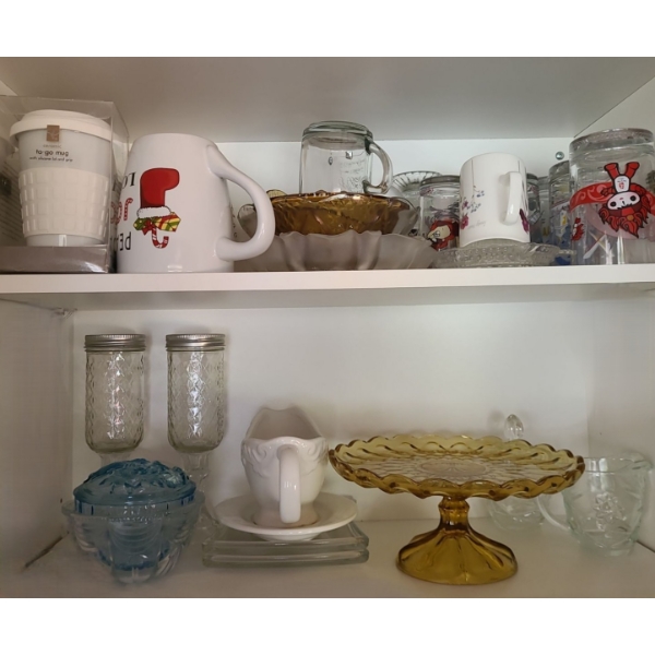 Contents of Cupboards: Yellow Cake Plate, Drinkware, Bowls, Wall Clock, Vases, Artificial Flowers