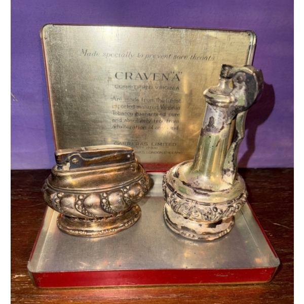 Craven A Cigarette Tin & Two Ronson Decanter Table Lighters (Silver Plated)
