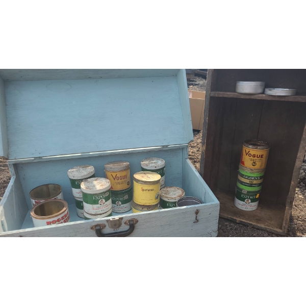 Vintage Tobacco and Syrup Tins with Convinient Wooden Boxes