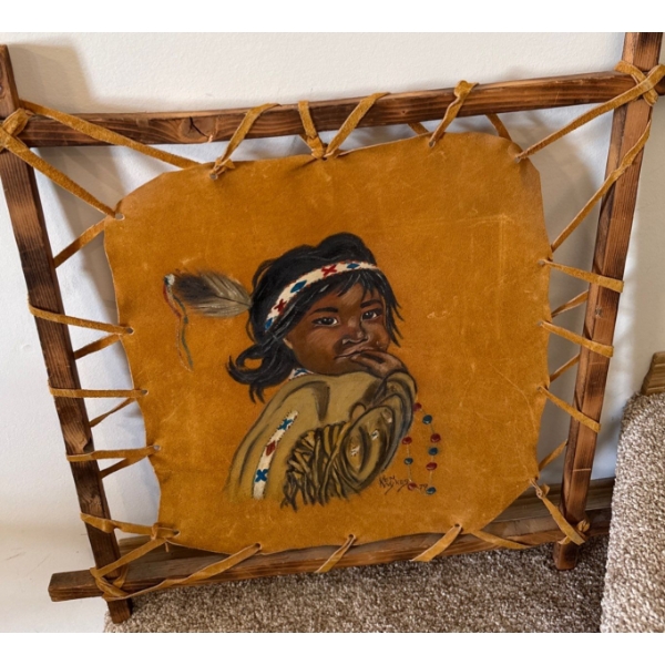 Stretched Leather Indigenous Art Of A Native American Girl Framed w/ Wood & Leather