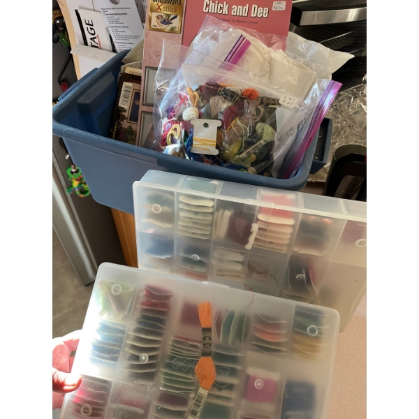 collection of patterns and needle work some of them are started and are waiting to be finished