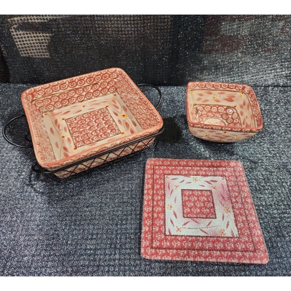 Temp-Tations By Tara Old World, Baking Dish, Metal Serving Rack, Ceramic Trivet, Small Nesting Bowl.