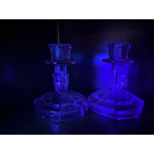Uranium glass pink candleholders 4.5” tall 