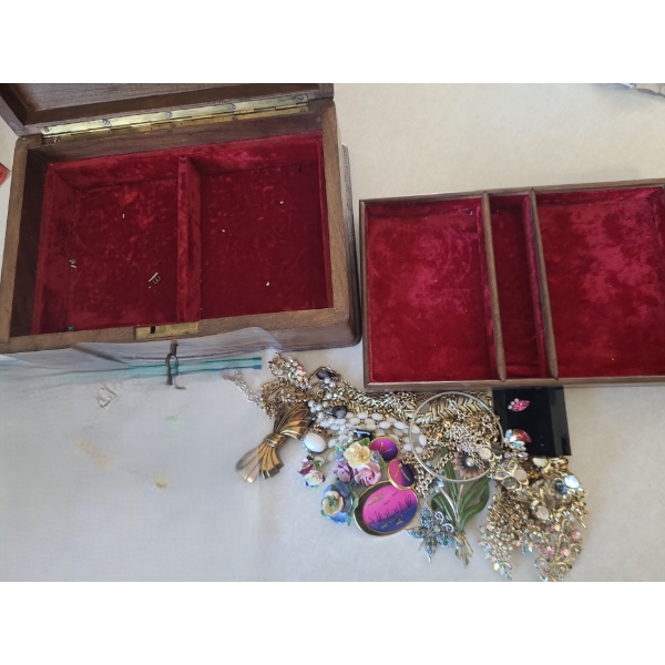 Wooden Jewelry Box w/ Velvet Lining and Assorted Fashion Jewelry 