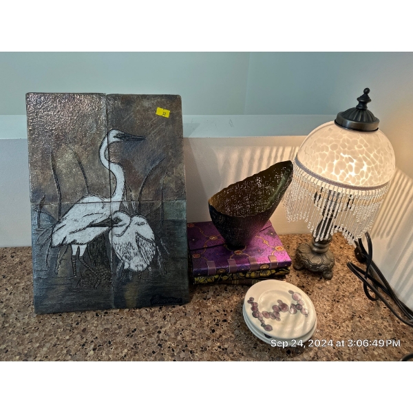 Decor Including Bird Tiles w/ Art Deco Style Lamp