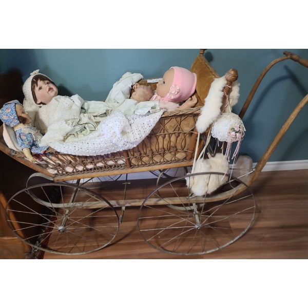 Antique Prim (Carriage) 56 w 19 d 38  h, 2 Reliable & Cathay Collection Porcelain Dolls, Zapf Doll  