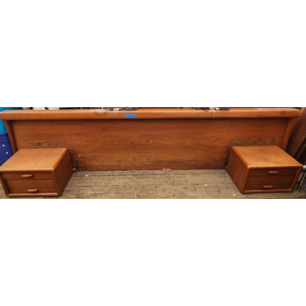 10ft x 26in Teak Headboard With Attached Night Tables and Lights