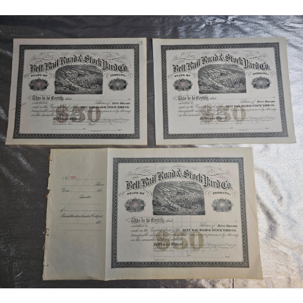 Vintage Stock Certificates For The Belt Railroad & Stock Yard Co. In Indiana.