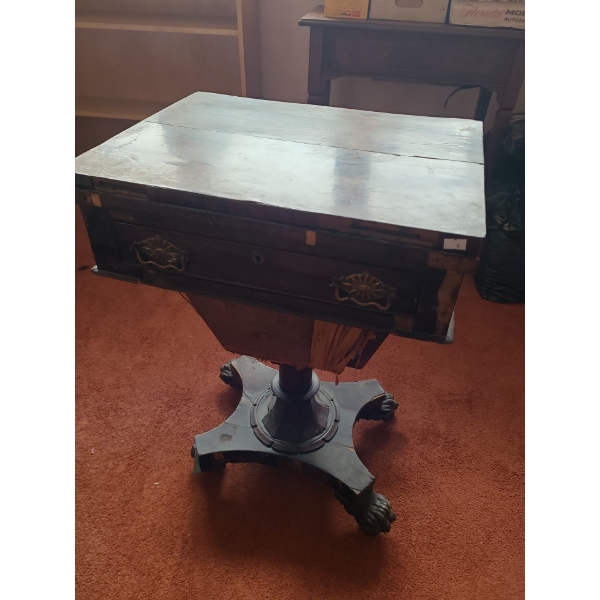 Antique Card Game Table on Wheels 30 T 20 L, 15 W (Hinged Top and Veneer Damaged)
