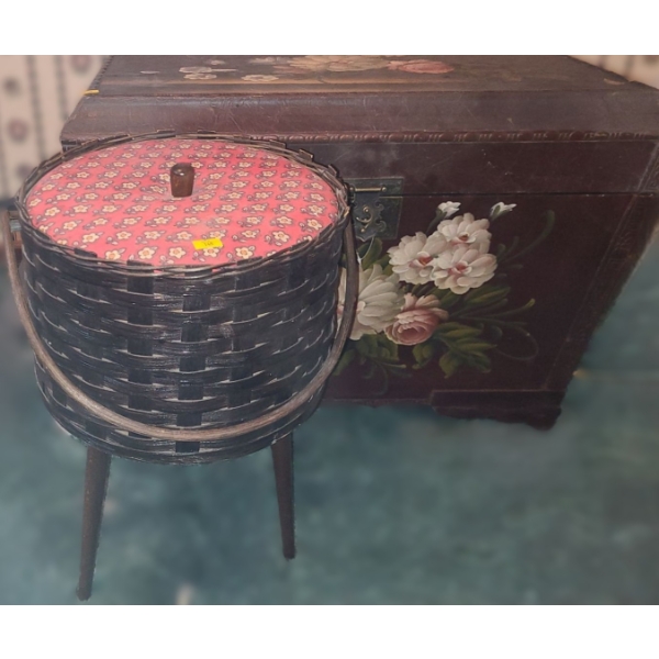 Painted Storage Trunk 27.5 W, 18 D, 18 T and Sewing Basket 13" Diameter, 18 T 