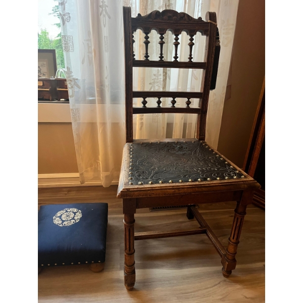 late 1800s solid oak antique chair with stool
