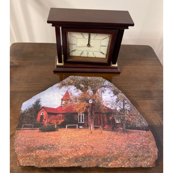 Handpainted Slate Art w/ Mahogany Rotating Square Clock 6T