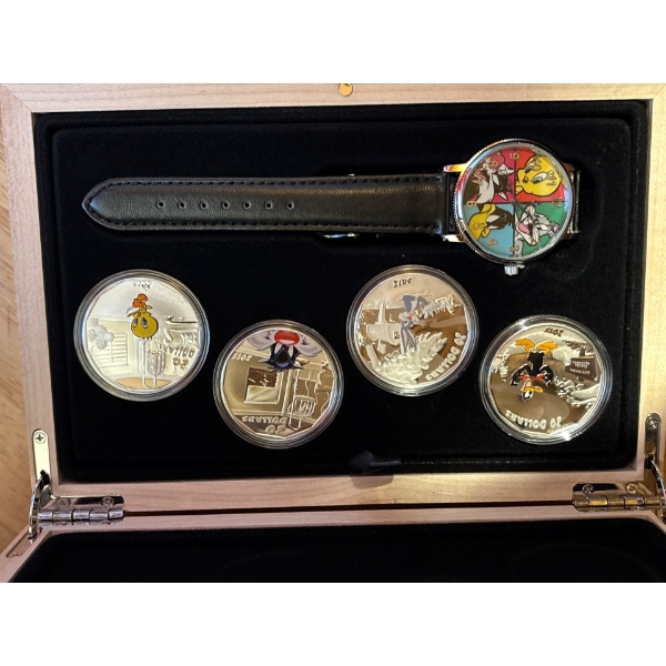 2015 $20 LOONEY TUNES - PURE SILVER 4-COIN SET WITH WATCH