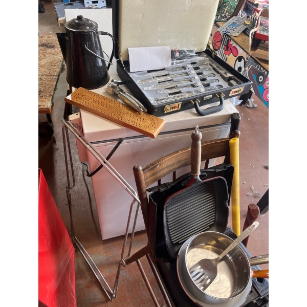 selection of camping supplies, heavy duty, axes knife, set cast-iron, frying pans, vintage, black, a
