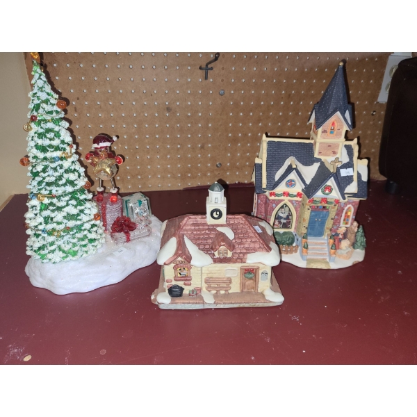 Holiday Homes: Train Station, Church with Nativity Scene, also Plastic Tree with Snowmen 