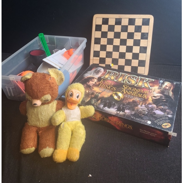 Bin w/ Toys: Vintage Bear 12 T and Duck 10T, Chess Board 11.5 X 11.5, LOTR Risk Game and More!