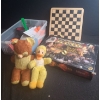 Bin w/ Toys: Vintage Bear 12 T and Duck 10T, Chess Board 11.5 X 11.5, LOTR Risk Game and More!