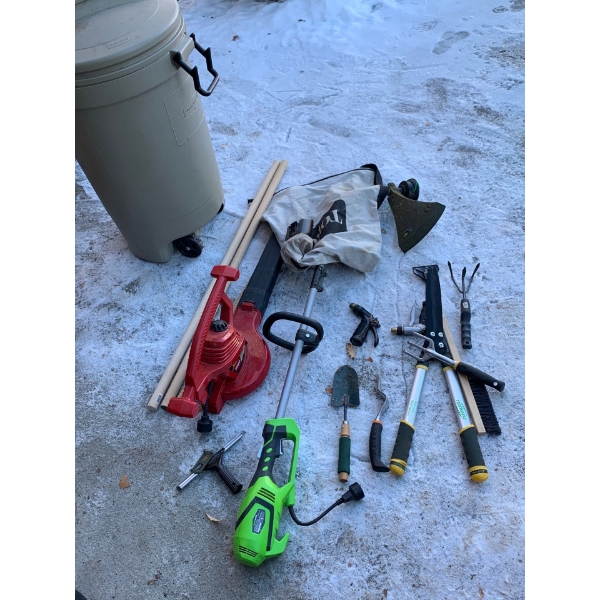 Garden Collection - Toro Blower Greenworx Trimmer Rubbermaid Garbage Canister on Casters  