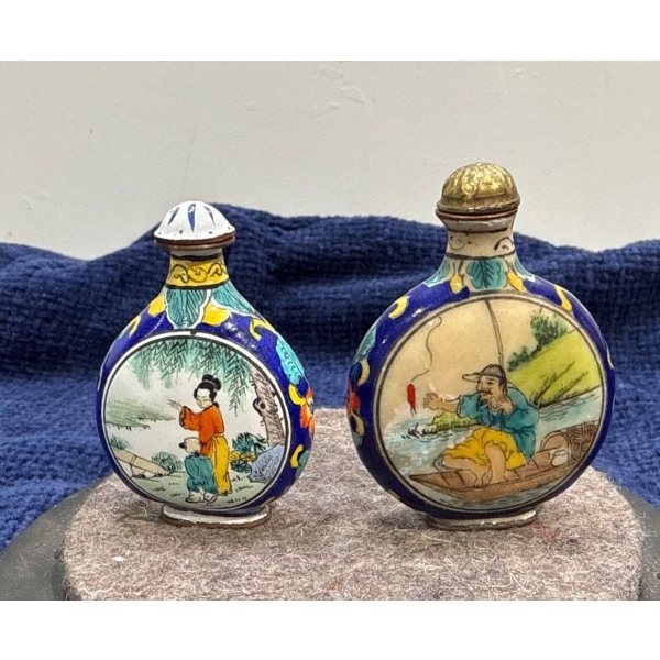 Hand Painted Adult and Child Snuff Bottles with Spoons 2H & 2.25H