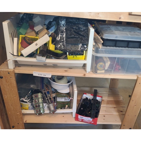 Wooden Utility Shelf 35 w, 21, d, 33 1/2 h.  Asst Model Railway Parts, switches, toggles, primer etc