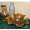 Image 3 : Iridescent Carnival Glass Ruffled Bowl, Decanter & Frosted Bottle-Marigold Carnival Gls