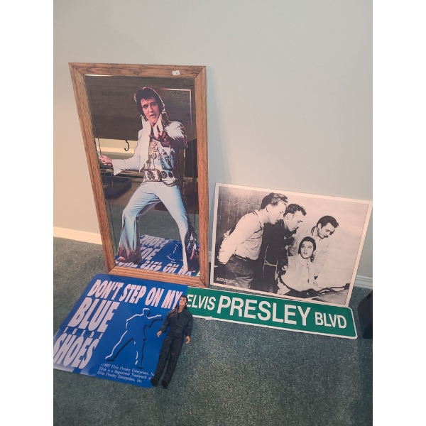 Elvis Memorabilia: Mirror 16 X 30, Drymount Photo 20 X 16, Metal Signs and Doll