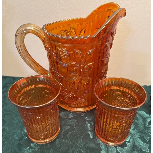 Imperial Co.  Lustre Rose Pitcher & Three Tumblers- Marigold Carnival Glass Set