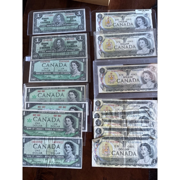 Canadian 1$ Bill Collection From  1937-1973 Including Devils Face 1954