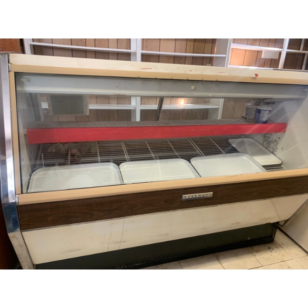 vintage Hussmann Made in Canada working meat cooler. 77”L, 55”T, 34”T  Buyer responsible for loading